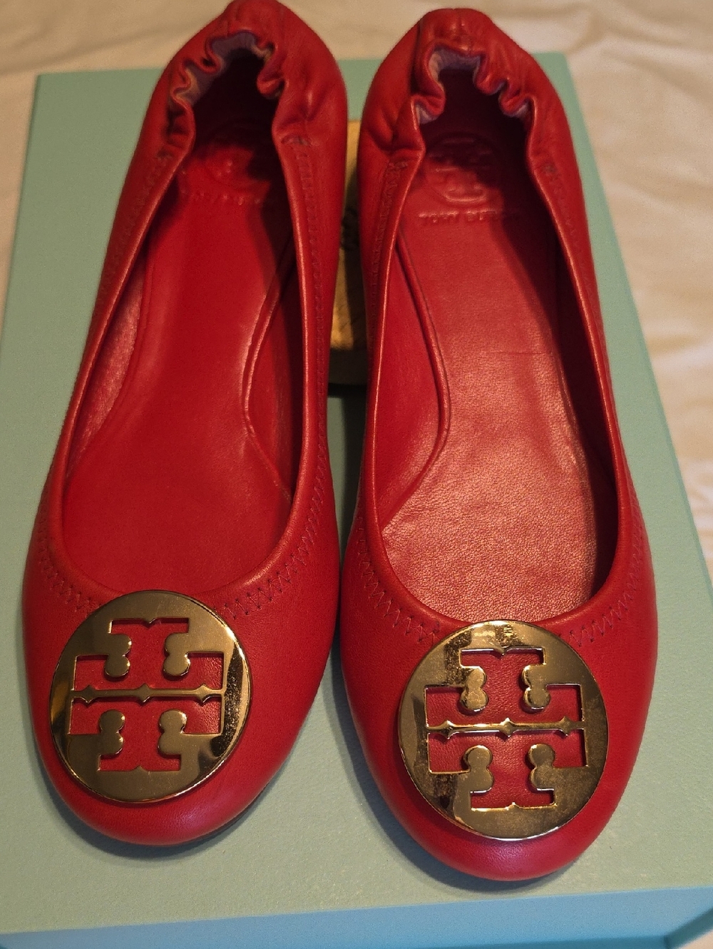 Tory Burch Red Leather Logo Round-Toe Ballet Flats 9